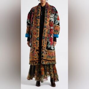 Mes Demoiselles Multicolor Floral Carpet Coat with Blue Lining